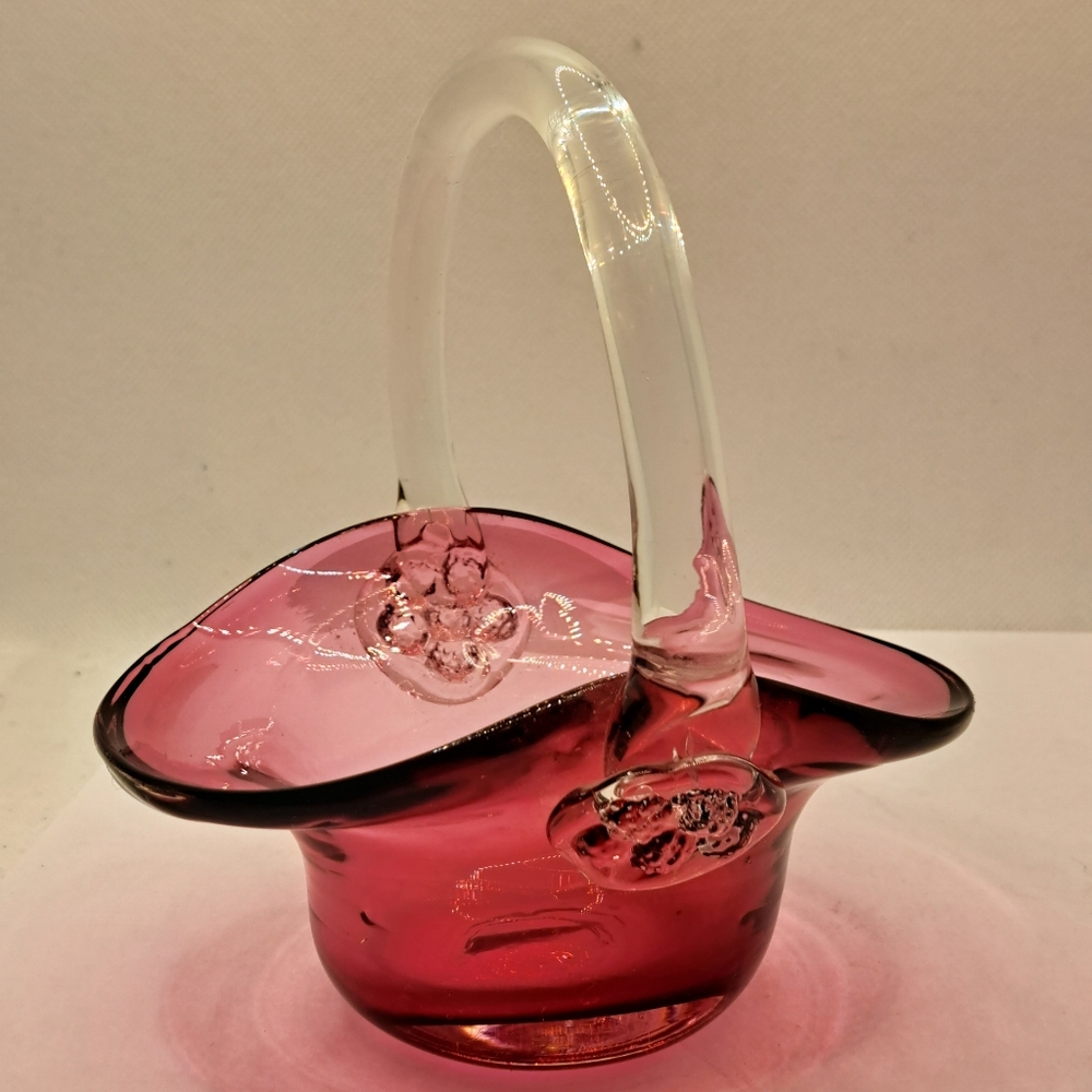 Vintage Retro Mod Rossi Canada Blown Glass Cranberry Ruby Red Basket.